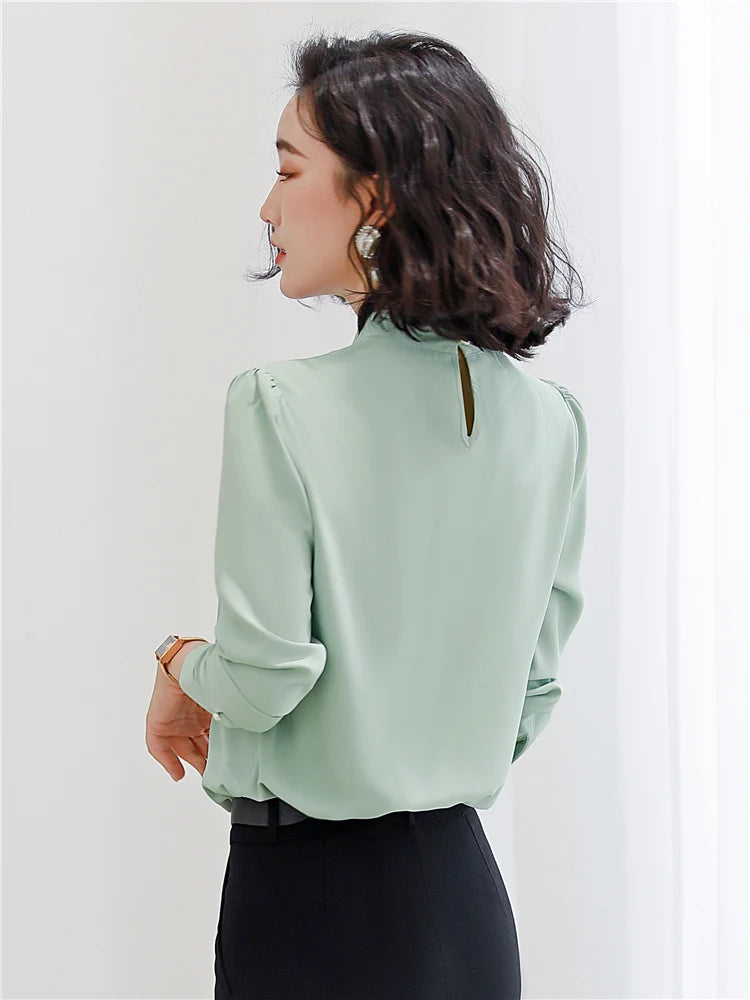 Chiffon Blouse for Women Long Sleeve White  Mint Green Formal Tops Formal Wear OL Ladies Work Wear 2023 Spring