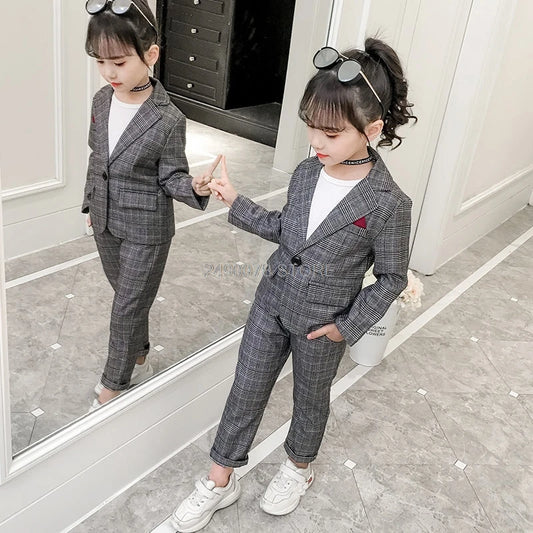 Kids Wedding Suit for Girls Formal Jacket + Pant 2pcs Suits for Teenagers Brand Plaid Children Prom Performance Costume Blazer