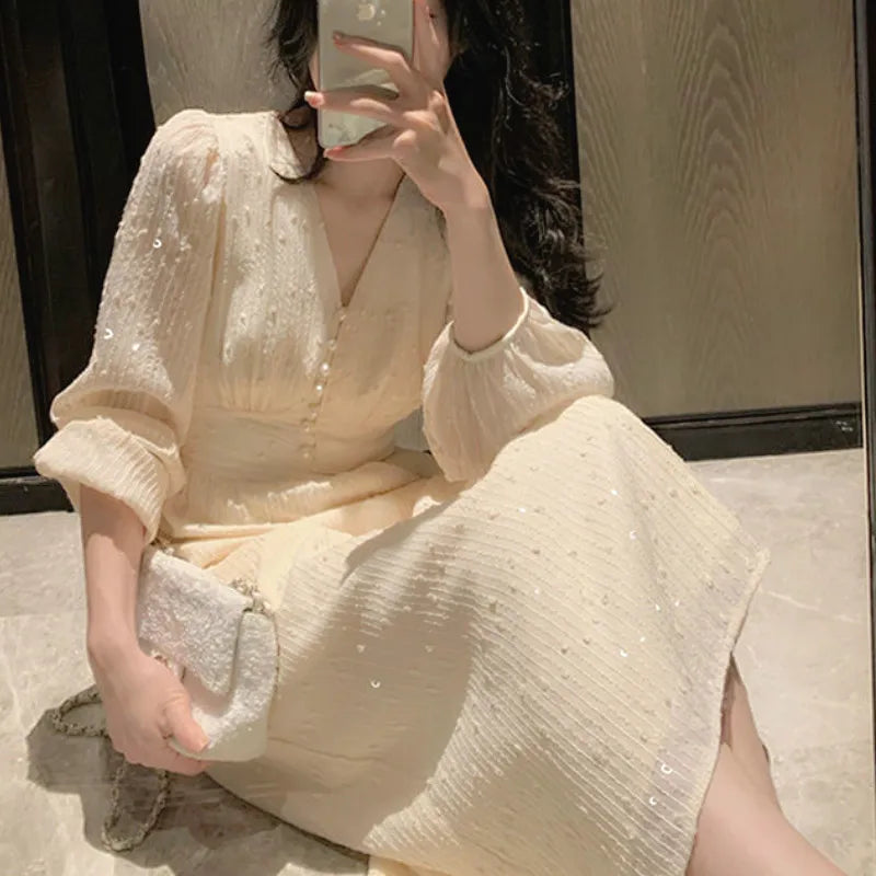 Elegant Vintage Dress Women Sequin Long Sleeve Designer Party Midi Dress Casual Slim Korean Dress Women's Clothing Autumn 2020