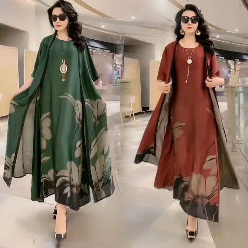 Middle Aged Mother Dress Suit Summer Casual Fashion Printing Two Piece Suits Long Dress Suits Women Temperament Dress Sets 729