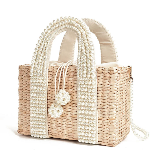 New Women's Handbag with Pearl Ladies Hand Bags Straw Basket Large Tote Crossbody Messenger Bag for Womens Handbags and Purses