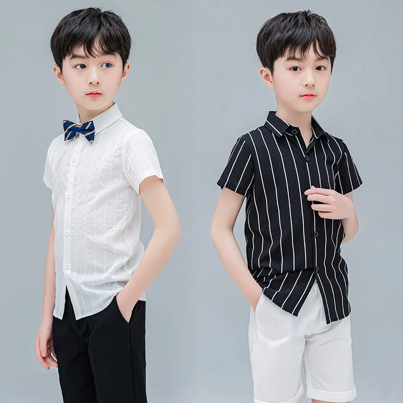 Boys Stripe Shirt Short Sleeve Turn-down Collar Kids Shirt For Boys Baby Toddler Teenage Clothes School Uniform Children Blouse