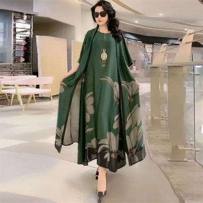 Middle Aged Mother Dress Suit Summer Casual Fashion Printing Two Piece Suits Long Dress Suits Women Temperament Dress Sets 729