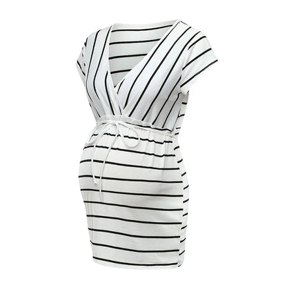 Pregnant Woman Striped Print Cotton T-shirt Short Sleeve V-neck Lace-up Pullover Casual Style Maternity Tunic Top Loose Clothing