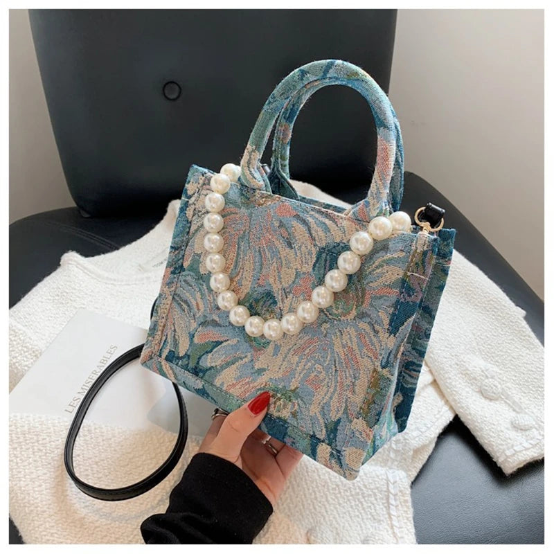 Unusual Design Denim Handbags for Women 2021Autumn New Luxury Woman Canvas Tote Bag Pearl Bead Decorated Diagonal Crossbag Femme