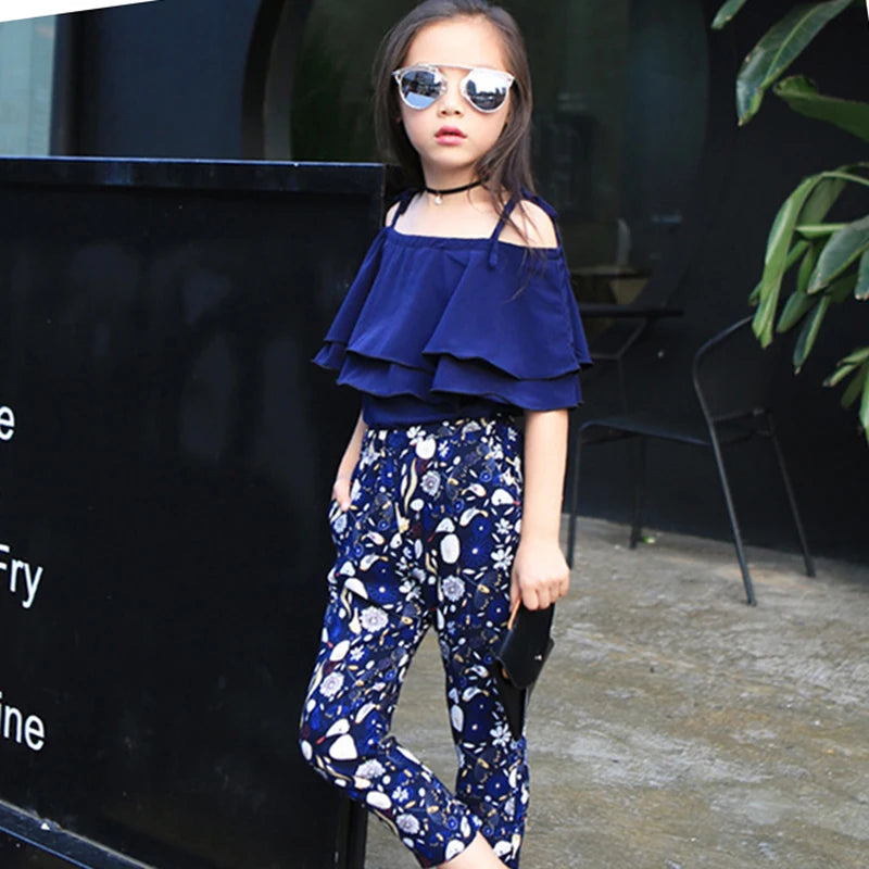 Summer Teen Girls Flower Chiffon Clothing Set Children Off Shoulder tops Floral Pants Kids Outfits Girl Clothes For 8 12 14Years