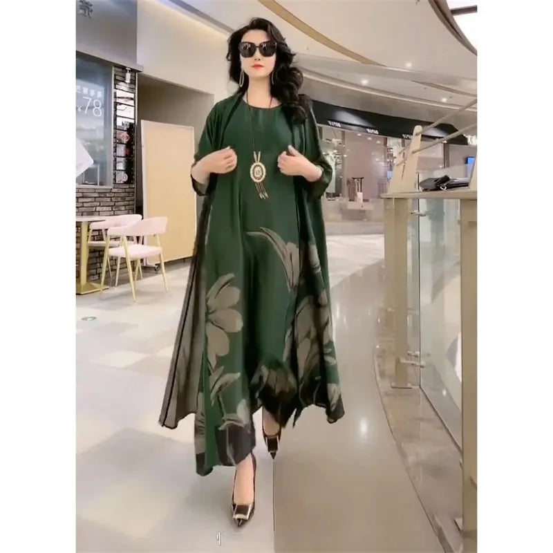 Middle Aged Mother Dress Suit Summer Casual Fashion Printing Two Piece Suits Long Dress Suits Women Temperament Dress Sets 729