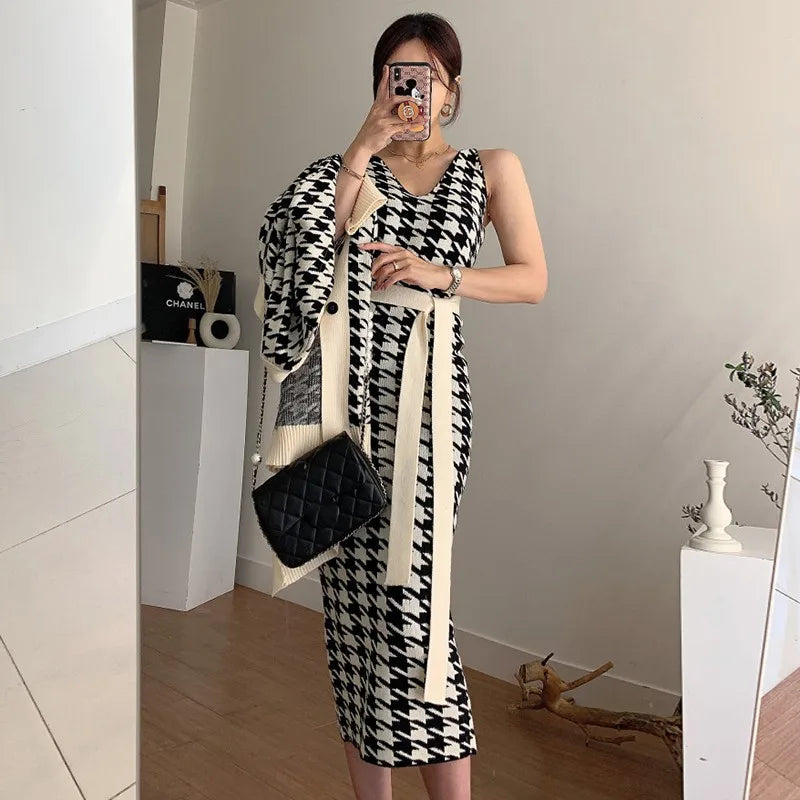 Korean Chic 2 Piece Set Women Fall Winter Knit With Beltt Dress V-neck Houndstooth Vest Dress+Long Knit Sweater Coat Ladies Suit