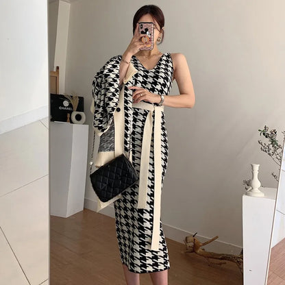 Korean Chic 2 Piece Set Women Fall Winter Knit With Beltt Dress V-neck Houndstooth Vest Dress+Long Knit Sweater Coat Ladies Suit