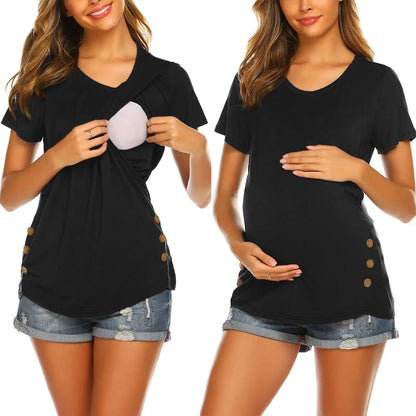 Maternity Casual Clothes Breastfeeding T-shirt Pregnant Women Nursing Tops Button Side Short Sleeve Plus Size S-2XL Clothing Tee