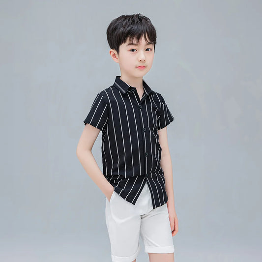 Boys Stripe Shirt Short Sleeve Turn-down Collar Kids Shirt For Boys Baby Toddler Teenage Clothes School Uniform Children Blouse