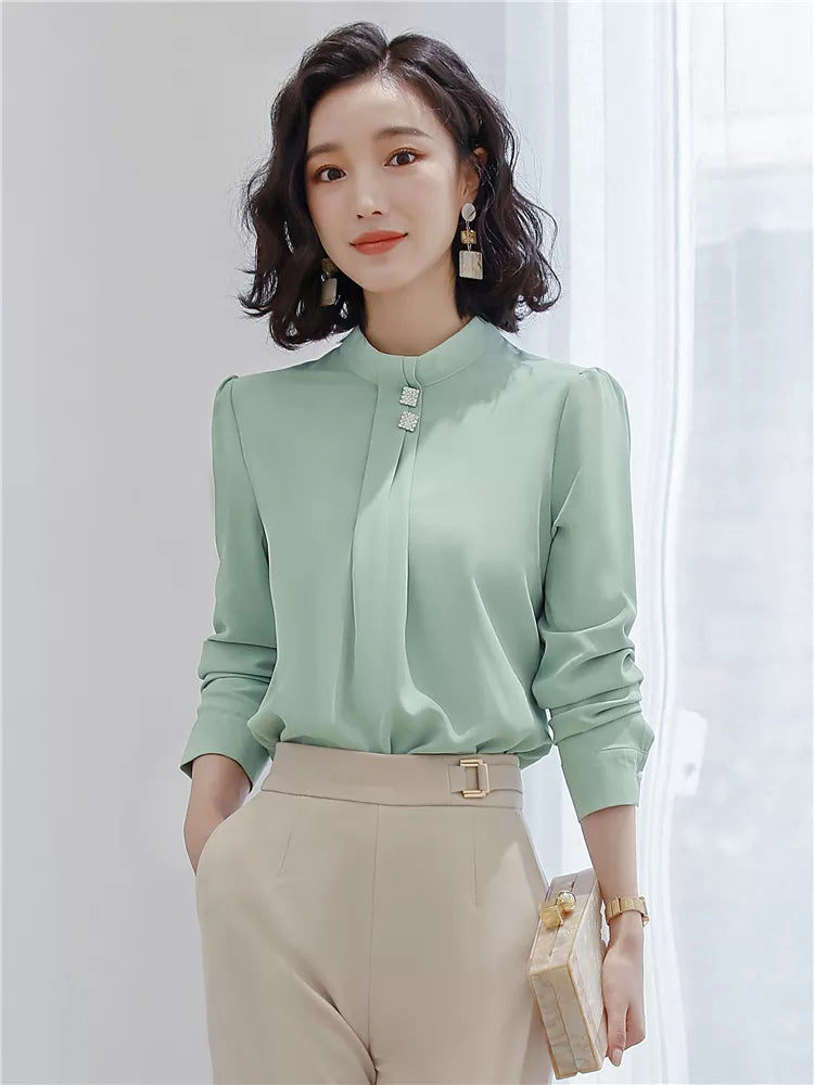 Chiffon Blouse for Women Long Sleeve White  Mint Green Formal Tops Formal Wear OL Ladies Work Wear 2023 Spring