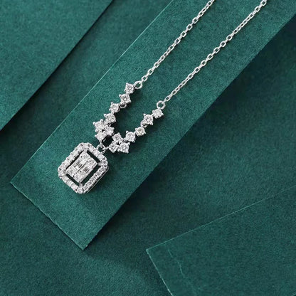 18K White Gold Natural Diamond Rectangle Pendant Necklace Women's Engagement Party Fine Jewelry