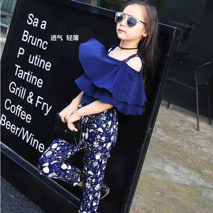 Summer Teen Girls Flower Chiffon Clothing Set Children Off Shoulder tops Floral Pants Kids Outfits Girl Clothes For 8 12 14Years