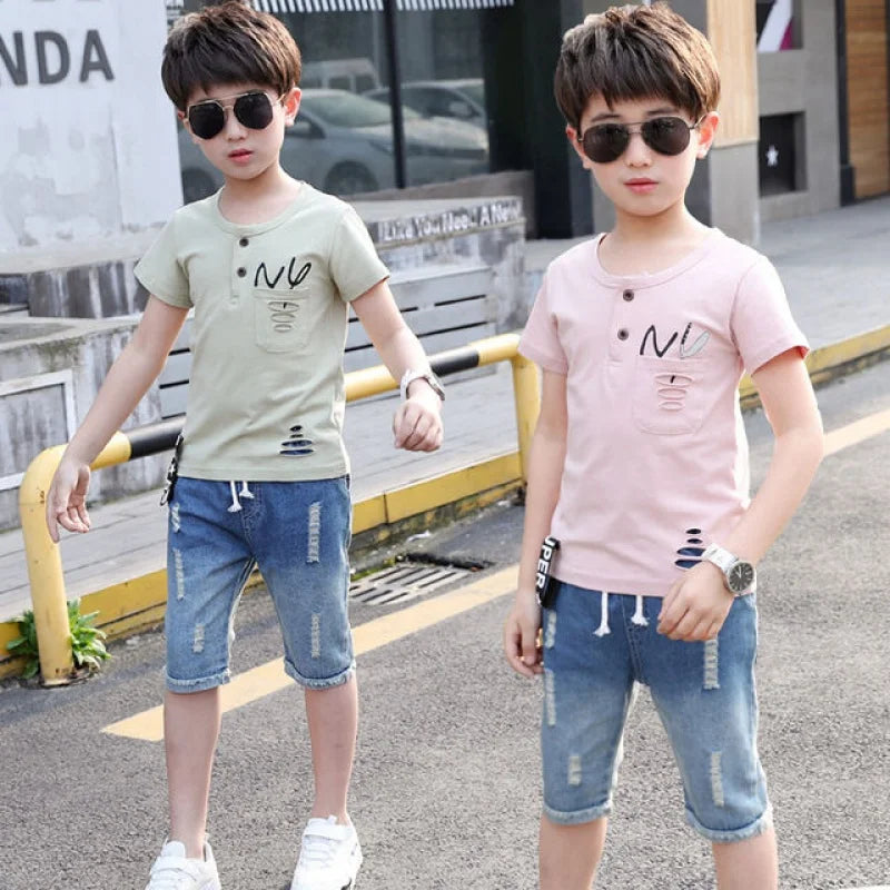 Summer Sport Suits Teenage Boys Clothing Sets Short Sleeve T Shirt & Hole Jeans Casual 3 5 7 9 10 12 13 Years Child Boy Clothes