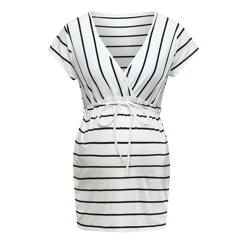 Pregnant Woman Striped Print Cotton T-shirt Short Sleeve V-neck Lace-up Pullover Casual Style Maternity Tunic Top Loose Clothing