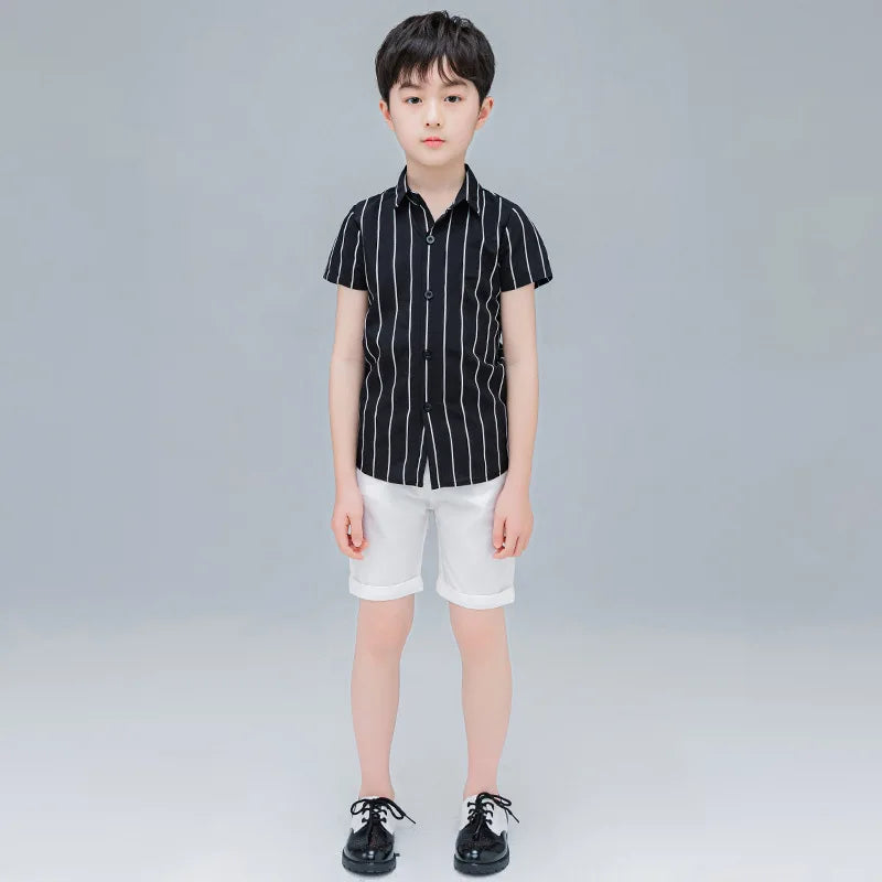 Boys Stripe Shirt Short Sleeve Turn-down Collar Kids Shirt For Boys Baby Toddler Teenage Clothes School Uniform Children Blouse