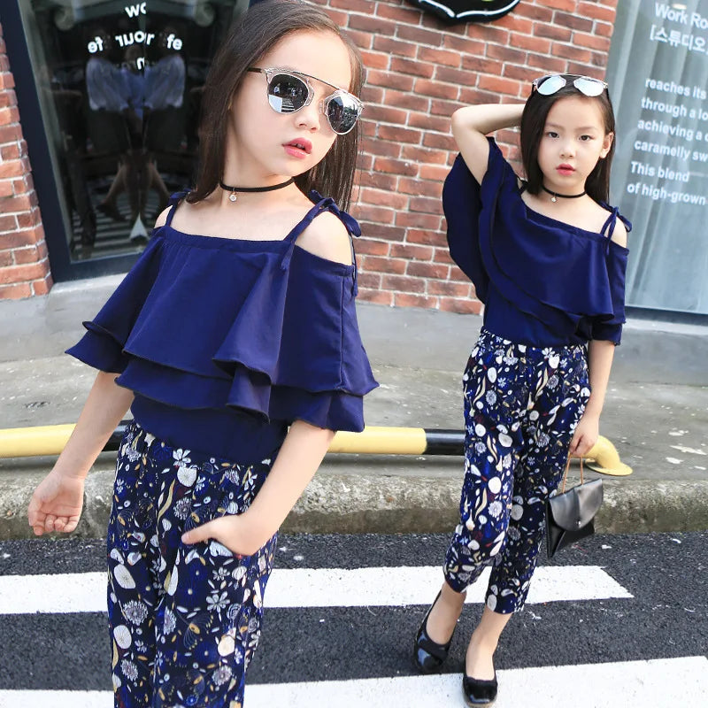 Summer Teen Girls Flower Chiffon Clothing Set Children Off Shoulder tops Floral Pants Kids Outfits Girl Clothes For 8 12 14Years