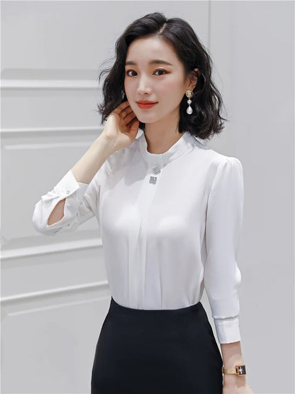 Chiffon Blouse for Women Long Sleeve White  Mint Green Formal Tops Formal Wear OL Ladies Work Wear 2023 Spring