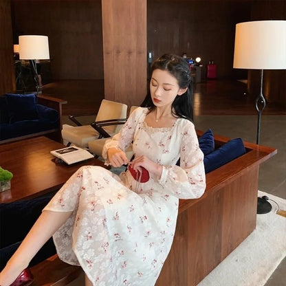 White Floral Dress Women Elegant Print Sweet Party Dress Female Kawaii Korean One-piece Dress Women's Clothing Autumn 2020