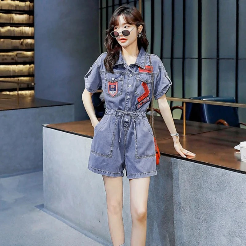 Fashion Streetwear New Women Denim Playsuits Short Sleeve High Waist Shorts Rompers Overalls Single Breasted Casual Cargo Jeans