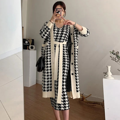 Korean Chic 2 Piece Set Women Fall Winter Knit With Beltt Dress V-neck Houndstooth Vest Dress+Long Knit Sweater Coat Ladies Suit