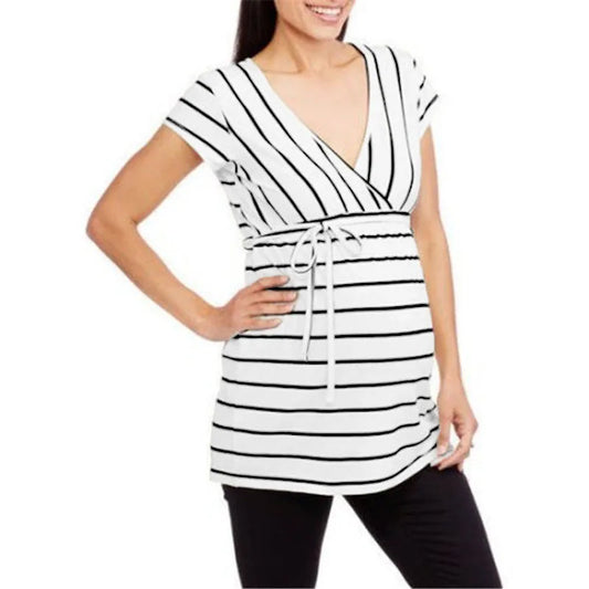 Pregnant Woman Striped Print Cotton T-shirt Short Sleeve V-neck Lace-up Pullover Casual Style Maternity Tunic Top Loose Clothing