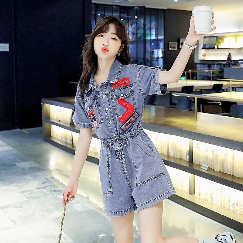 Fashion Streetwear New Women Denim Playsuits Short Sleeve High Waist Shorts Rompers Overalls Single Breasted Casual Cargo Jeans