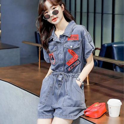 Fashion Streetwear New Women Denim Playsuits Short Sleeve High Waist Shorts Rompers Overalls Single Breasted Casual Cargo Jeans