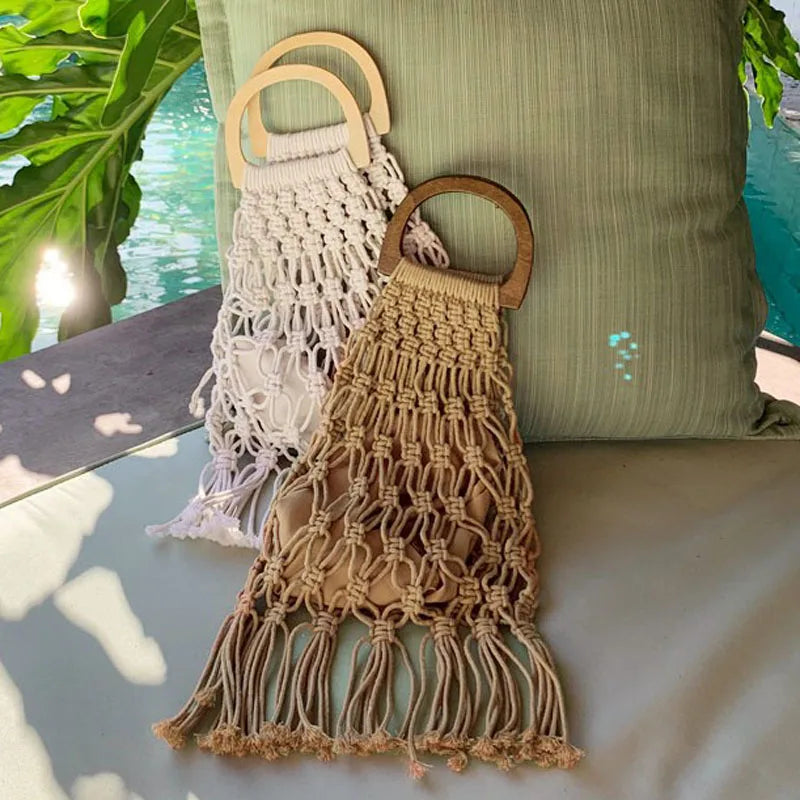 Hollow Tassel Rattan Bags Handmade Wood Handle Womens Handbags Woven Rope Straw Bag Casual Tote Summer Beach Purse Shopping Sac