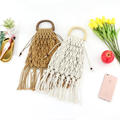 Hollow Tassel Rattan Bags Handmade Wood Handle Womens Handbags Woven Rope Straw Bag Casual Tote Summer Beach Purse Shopping Sac