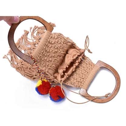 Hollow Tassel Rattan Bags Handmade Wood Handle Womens Handbags Woven Rope Straw Bag Casual Tote Summer Beach Purse Shopping Sac