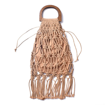 Hollow Tassel Rattan Bags Handmade Wood Handle Womens Handbags Woven Rope Straw Bag Casual Tote Summer Beach Purse Shopping Sac