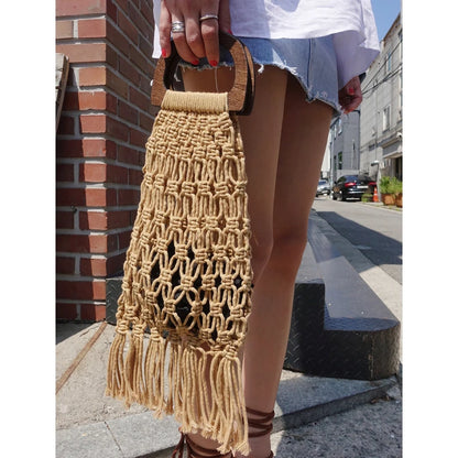 Hollow Tassel Rattan Bags Handmade Wood Handle Womens Handbags Woven Rope Straw Bag Casual Tote Summer Beach Purse Shopping Sac