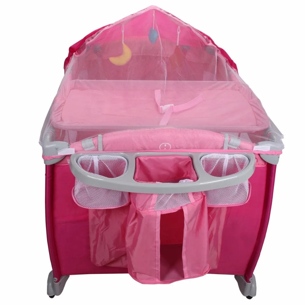 Goplus Portable Folding Baby Crib Multifunctional Child Bed Pink Blue Playpen Baby Cradle Bed with Mosquito Net and Bag