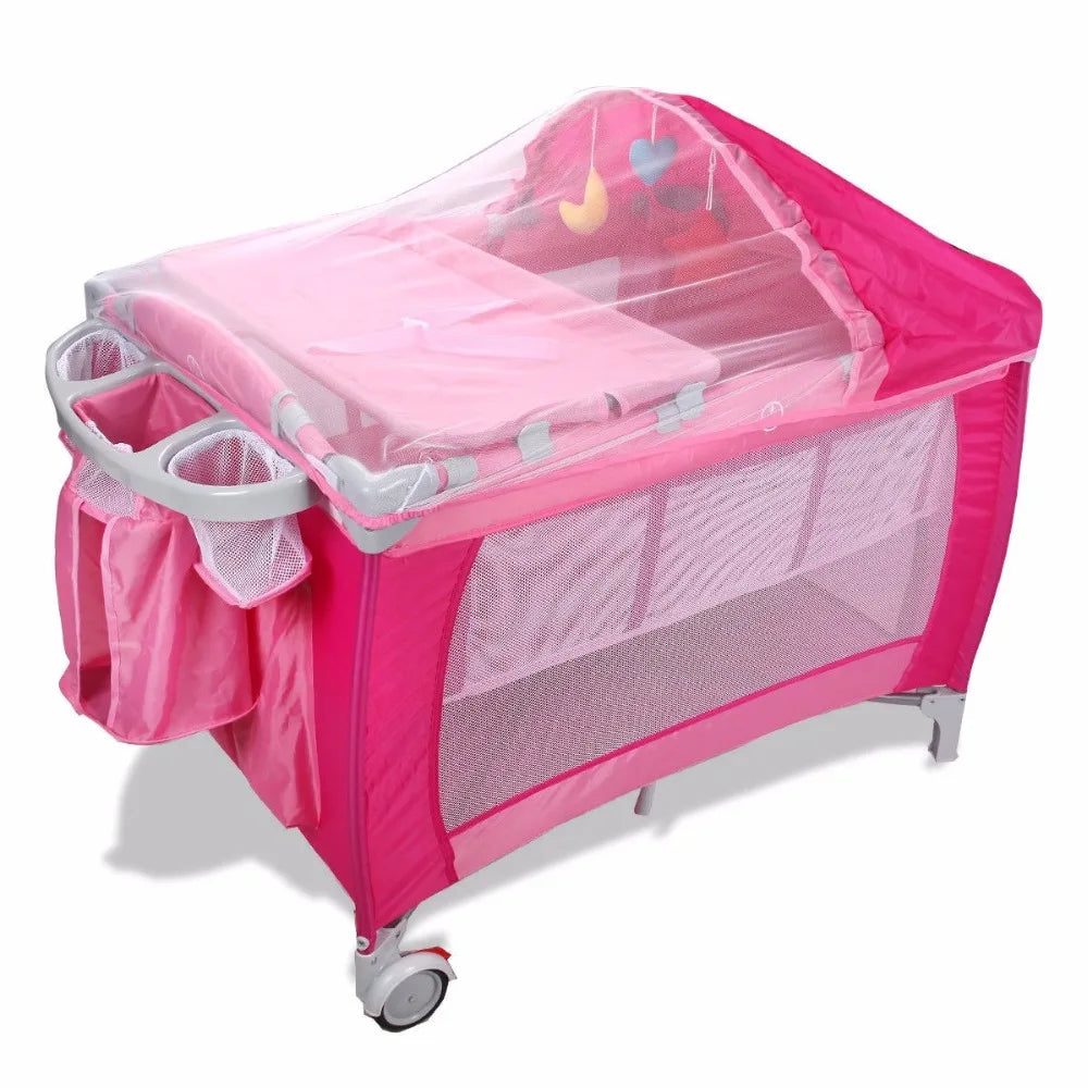 Goplus Portable Folding Baby Crib Multifunctional Child Bed Pink Blue Playpen Baby Cradle Bed with Mosquito Net and Bag