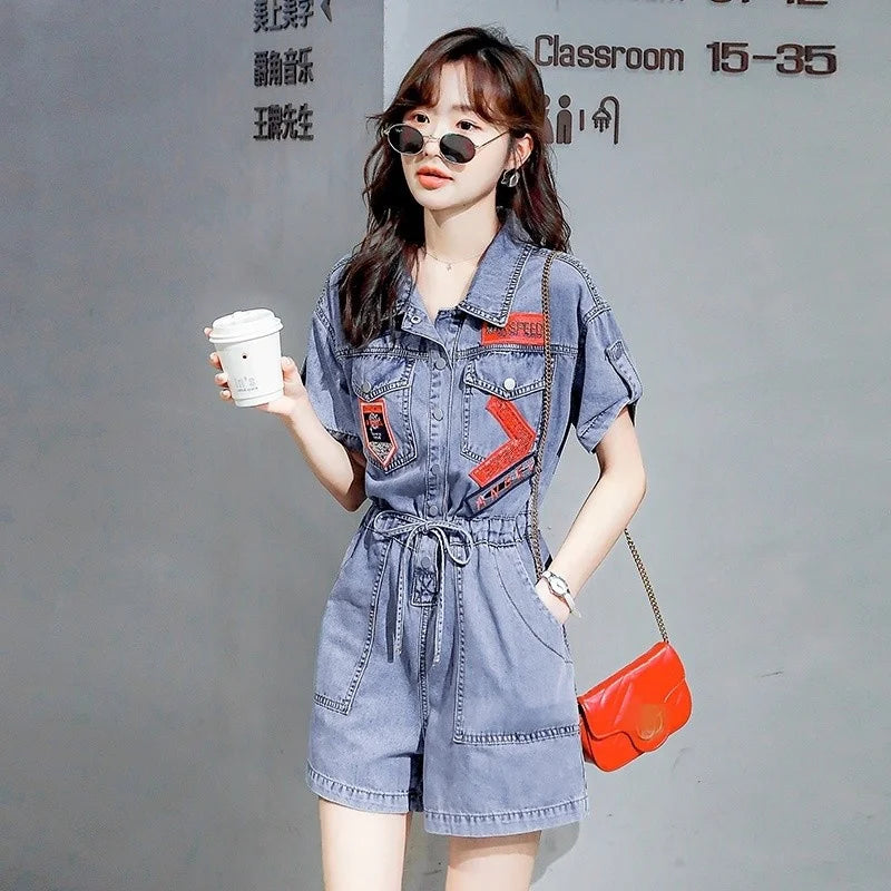 Fashion Streetwear New Women Denim Playsuits Short Sleeve High Waist Shorts Rompers Overalls Single Breasted Casual Cargo Jeans