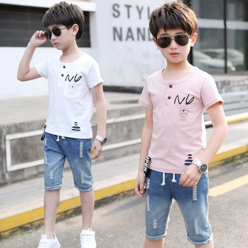 Summer Sport Suits Teenage Boys Clothing Sets Short Sleeve T Shirt & Hole Jeans Casual 3 5 7 9 10 12 13 Years Child Boy Clothes