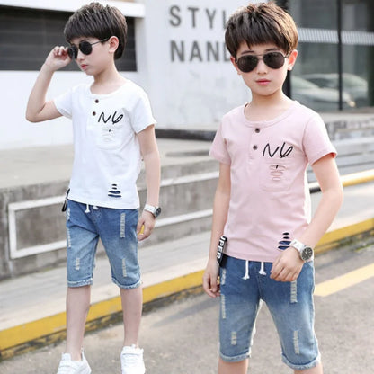 Summer Sport Suits Teenage Boys Clothing Sets Short Sleeve T Shirt & Hole Jeans Casual 3 5 7 9 10 12 13 Years Child Boy Clothes