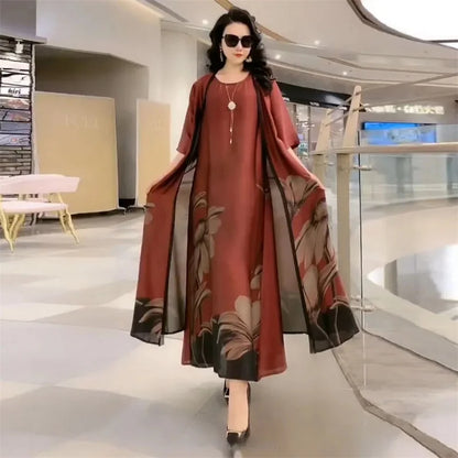 Middle Aged Mother Dress Suit Summer Casual Fashion Printing Two Piece Suits Long Dress Suits Women Temperament Dress Sets 729