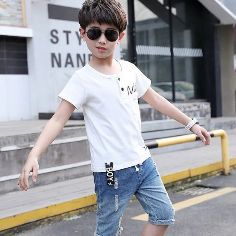 Summer Sport Suits Teenage Boys Clothing Sets Short Sleeve T Shirt & Hole Jeans Casual 3 5 7 9 10 12 13 Years Child Boy Clothes