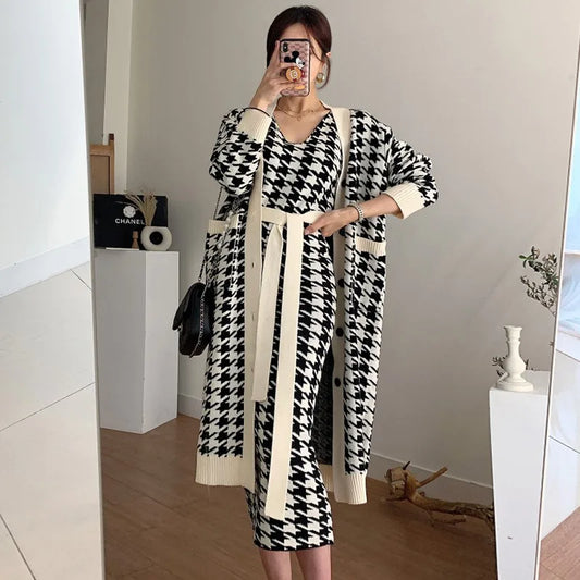 Korean Chic 2 Piece Set Women Fall Winter Knit With Beltt Dress V-neck Houndstooth Vest Dress+Long Knit Sweater Coat Ladies Suit