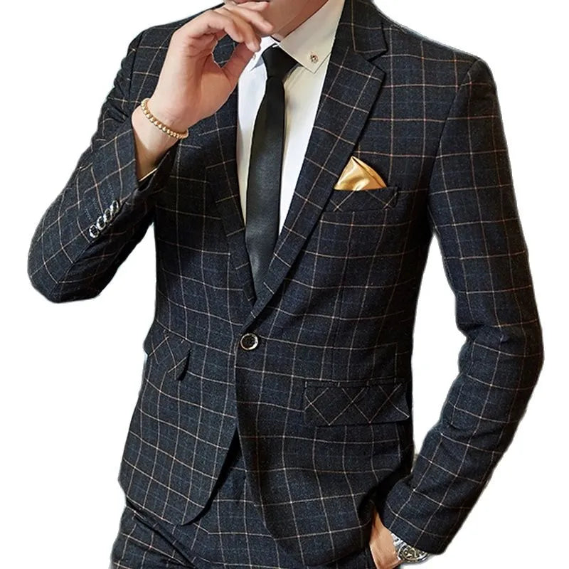 ( 1Pcs ) Boutique Fashion Plaid Mens Casual Business Blazer Groom Wedding Dress Male Slim Formal Suit Jacket