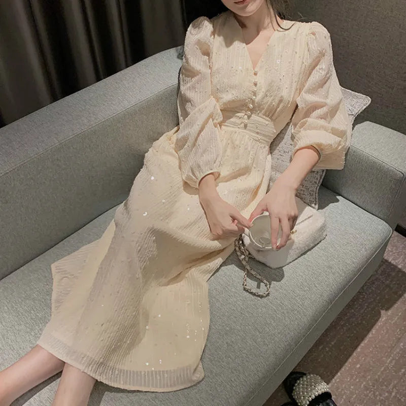 Elegant Vintage Dress Women Sequin Long Sleeve Designer Party Midi Dress Casual Slim Korean Dress Women's Clothing Autumn 2020