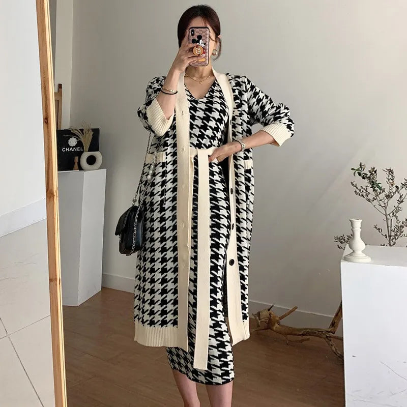 Korean Chic 2 Piece Set Women Fall Winter Knit With Beltt Dress V-neck Houndstooth Vest Dress+Long Knit Sweater Coat Ladies Suit