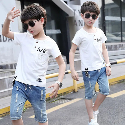 Summer Sport Suits Teenage Boys Clothing Sets Short Sleeve T Shirt & Hole Jeans Casual 3 5 7 9 10 12 13 Years Child Boy Clothes