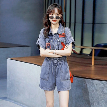 Fashion Streetwear New Women Denim Playsuits Short Sleeve High Waist Shorts Rompers Overalls Single Breasted Casual Cargo Jeans