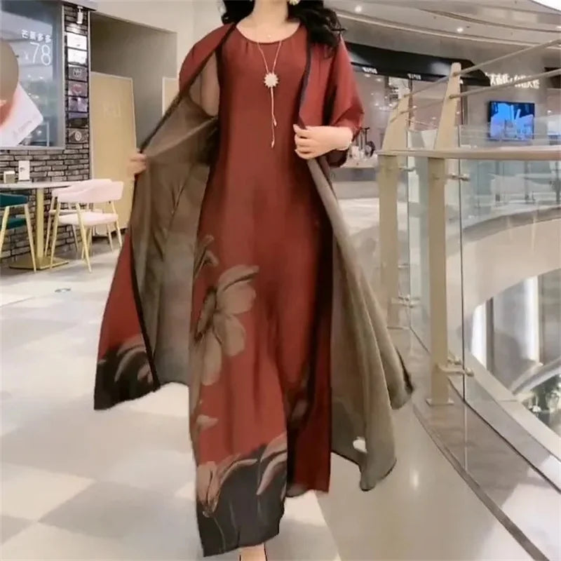 Middle Aged Mother Dress Suit Summer Casual Fashion Printing Two Piece Suits Long Dress Suits Women Temperament Dress Sets 729