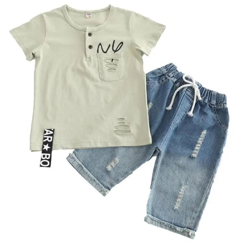 Summer Sport Suits Teenage Boys Clothing Sets Short Sleeve T Shirt & Hole Jeans Casual 3 5 7 9 10 12 13 Years Child Boy Clothes