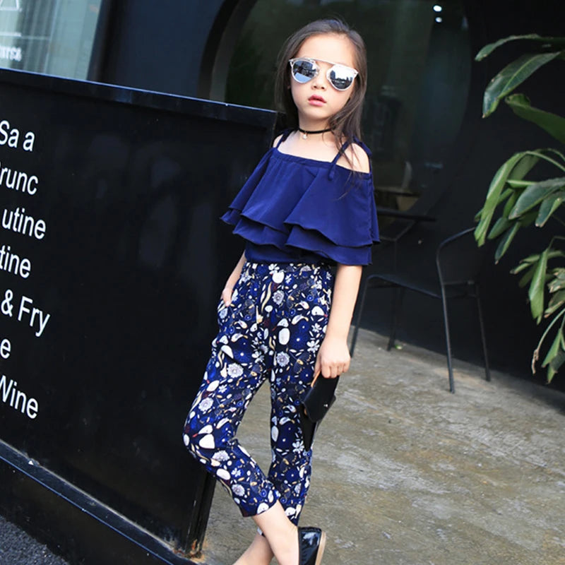 Summer Teen Girls Flower Chiffon Clothing Set Children Off Shoulder tops Floral Pants Kids Outfits Girl Clothes For 8 12 14Years